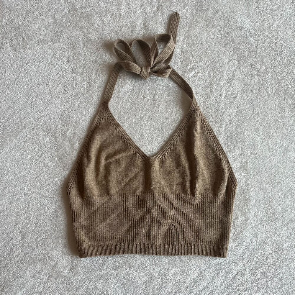 Djerf Avenue Ribbed Halter Crop Top in Taupe
